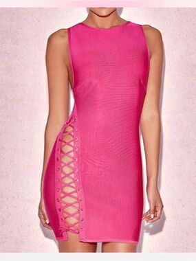 House of CB Sakara Pink Lace Up Bandage Mini Dress XS Bodycon sleeveless